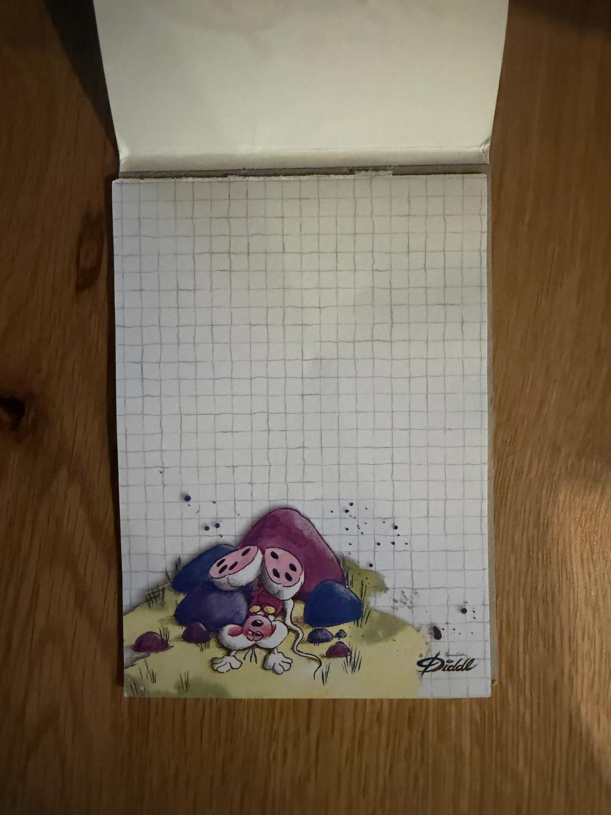 Diddl Block A6 Nr. 47 – Innenseite, kariertes Blatt mit Diddl-Maus zwischen Steinen